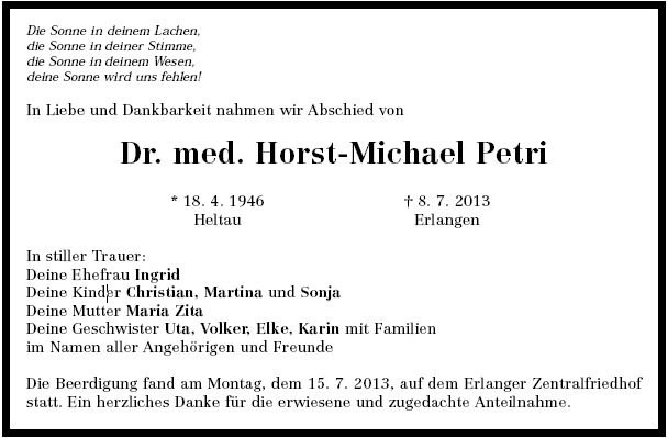 Petri Horst 1946-2013 Todesanzeige